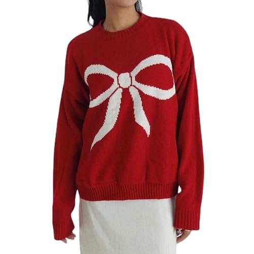 Image of Women Y2K Fall Sweater Cute Bow Print Long Sleeve Cable Knit Pullover Casual Oversized Jumpers for Women