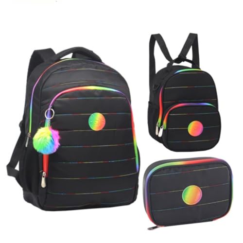 Mochila De Costas Escolar Juvenil 18” Estampa Liso Feminina Com Lancheira Térmica E Estojo (PRETO)