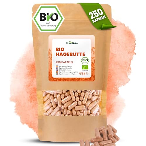 RheinNatur Bio Hagebutten Kapseln 250 Stück - 2000 mg je Tagesdosis - Reine Bio Hagebutten gemahlen in pflanzlicher Kapselhülle vegan - Reich an Vitaminen Mineralstoffen & Antioxidantien