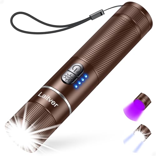 Laitver Taschenlampe LED/UV Aufladbar 2 in 1, Superhell Taschenlampen mit 395nm UV Schwarzlicht-6 Modi, Zoombar, Lange Akkulaufzeit, Wasserdischt Mini Handlampe für Belecutung -Braun