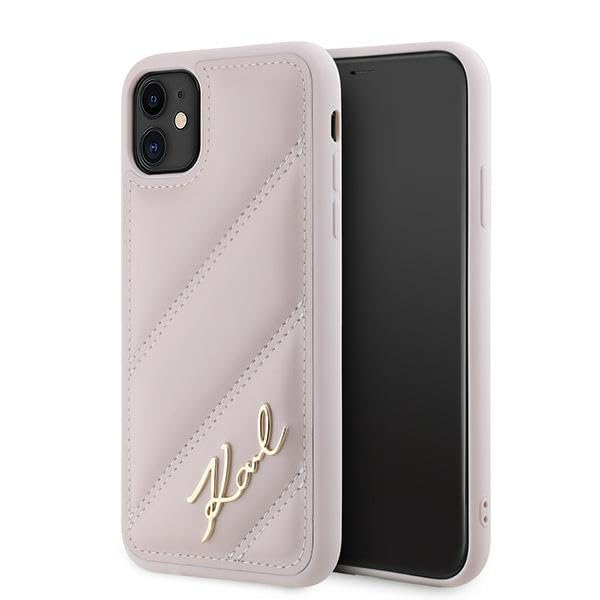 CG Mobile Karl Lagerfeld KLHCN61PQDSMGP Coque Rigide pour iPhone 11/XR 6,1" Rose Diagonale Quilted Script