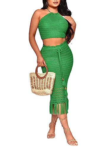 Image of Women Plus Two-Piece Skirt Set Tassel Fishing Net Knittin Hollow Out Off Shoulder Beach Dresses Swimsuit Cover Ups