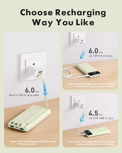 Image of charmast Portable Charger with Reinforced Built-in 4 Cables,10000mAh Power Bank Travel Essentials 6 Outputs 3 Inputs 3A Fast Charging Compatible with iPhone iPad Samsung Google Pixel LG Moto etc.