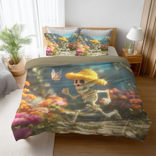 Ropa de Cama de 150 x 200 cm y con Funda de Almohada de 50x75CM 2 Piezas Funda nórdica de Microfibra de 150 x 200 cm con Fundas nórdicas Cama 90 diseño Moderno Rústico Divertido Esqueleto Verde