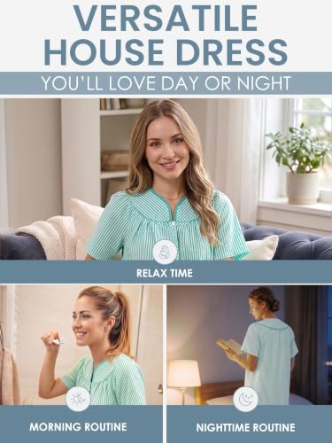 Image of Casual Nights Women's Snap - Front House Dress Short Sleeve Woven Housecoat Duster Lounger Robe with Pockets