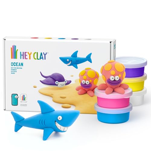 Hey Clay Ocean: Shark, Octopus, Stingray Set - Colourful Modeling Kids - Air Dry Clay Kit 6 cans with Fun Interactive Instructions App