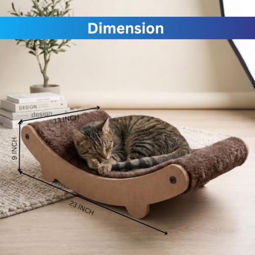 Image of Cat Hammock Bed with Plush Cushion, Wooden Curved Rocker Design, 23x13x6 Inch, Premium Comfort Lounger for Cats (FURR-162) (Brown)