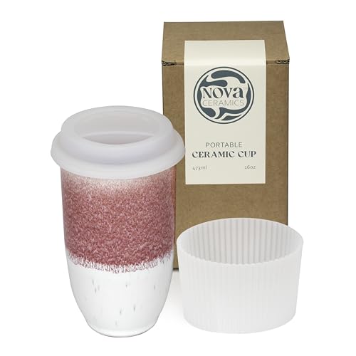 Image of NOVA CERAMICS Coffee Travel Mug - Coffee Travel Cup - Microwave & Dishwasher Safe Coffee Pink Tumbler - Gifts For Women Men Him Her - 16oz - Coral Pink