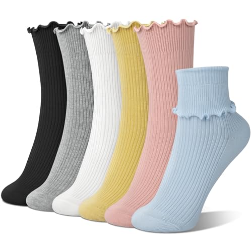 Socksfad 6 Pairs Ruffle Socks for Women Cute Frilly Crew Socks Multi A