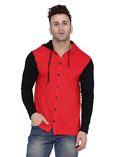 Image of Geum Men's Full Sleeve Hooded T-Shirt with Button-Down Front | Casual Slim Fit Cotton Shirt-Style Tee