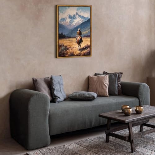 Image of Western Cowboy Wall Art Vintage Western Framed Wall Decor for Bedroom | 24x36 inch Cowboy on Horse Canvas Prints Fall Mountain Landscape Painting Rustic Country Wall Decor for Living Room Home Office