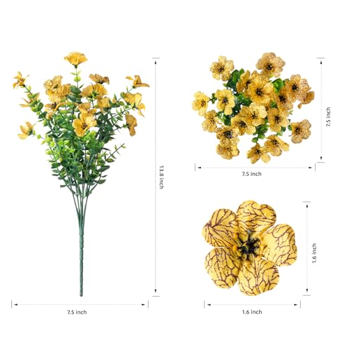 HyeFlora Artificial Fall Flowers Faux Mums for Outdoor Indoor Garden Home Decoration, Faux Flower Daisy with Eucalyptus Leaves Fake Plants Greenery Boxwood Porch Patio, 12 Bundles (Yellow)