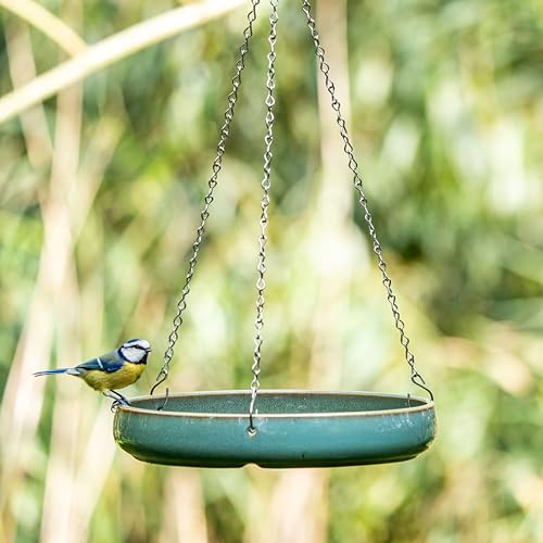 CJ Wildlife Vogeltränke Keramik Winterfest Vogelbad mit Aufhängekette Multifunktionale Trinkschale Vögel Grün Hängendes Vogelbad für Garten