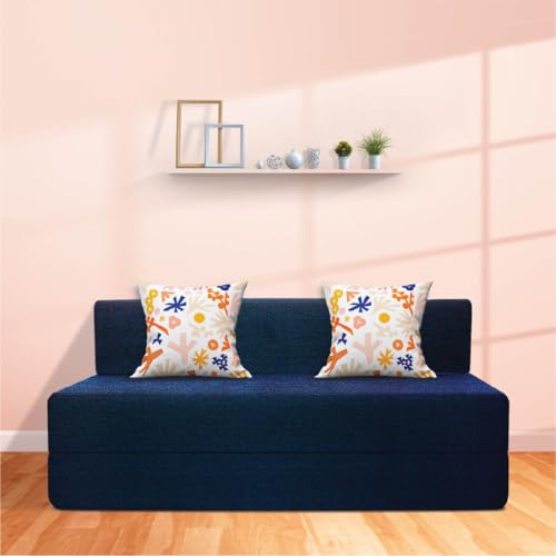 Image of Starlon 3 Seater Foldable Sofa Cum Bed 3-in-1 with 2 Floral Pattern Pillows, Washable Jute Fabric Cover, Space Saving Guest Bed, Royal Navy Blue 6x6.5 Ft