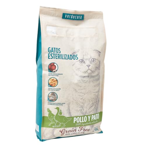 Verdecora Alimento Completo para Gatos Adultos Esterilizados con Pollo y Pato | Sin Cereales | Pienso para Todas Las Razas | 6kg