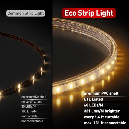 Image of Shine Decor LED Strip Light Easy Connectable, 2800K Warm White Cold Resist Weatherproof Plug-in for Indoor Outdoor, 101 LM /FT Dimmable Bright Eco Rope Lighting 16.4FT, 120V Whole Set ETL Listed