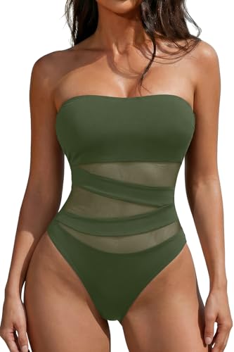 Image of Holipick Women Army Green Sexy One Piece Swimsuit Strapless Bathing Suits M | Bandeau Neckline, Mesh Cutout Design, Push Up Removable Pads, High Cut, Removable Straps, Pool Beach Cruise Resort