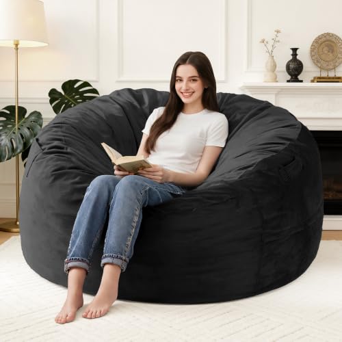 Homguava 5FT Bean Bag Chair Giant BeanBag with Memory Foam Filled Comfy Bean Bag Chairs for Adults Adult Bean Bag Chair with Dutch Velvet Cover for Living Room Bedroom-Black