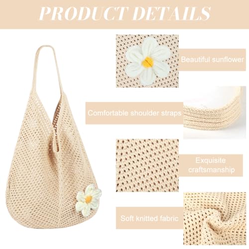 Image of PALAY Tote Bag for Woman Crochet Mesh Beach Shoulder Bags with Flower Brooch Summer Vacation Knitted Bag for Women Shoulder