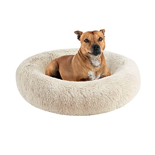 Friends Forever Serena Donut Memory Foam Orthopedic Dog Bed, Soft Faux Fur Oval Cat Couch For Indoor Pet, Fluffy Calming Plush Shag, Round Bolster Cushion, Machine Washable Cuddler, Tan, 36"x27"x7.5"