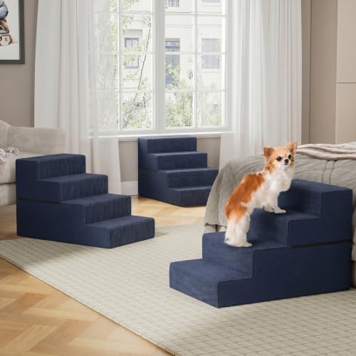 Image of YENING Large Dog Stairs for High Beds - 24 Inches Tall Extra Wide Pet Steps for Large Dogs to Get on Bed 4 Deep Step for Couch Navy Blue