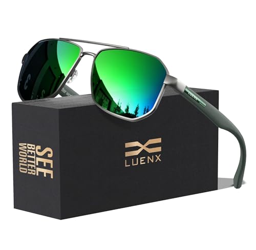 LUENX Aviator Sunglasses for Men Square Polarized Polygon Sun Glasses 61mm,Green Mirror Lens Matte Frame