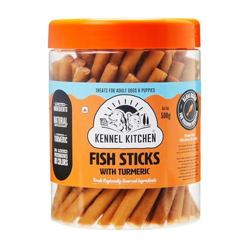 Image of Kennel Kitchen Soft Baked Fish Sticks with Turmeric Treats for Dogs, 500g (Pack of 1) | Soft Dog Chew Sticks | Dog Treats for Adult Dogs and Puppies