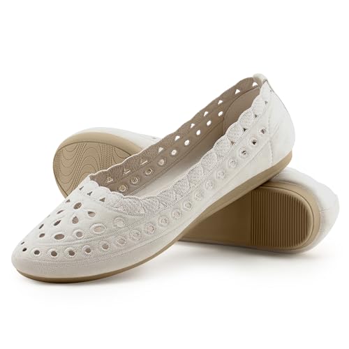 VEEYOO Women's Floral Ballet Flats, Suede Microfiber Comfortable Dress Shoes, Round Toe Mesh Flat Dressy Shoes for Women