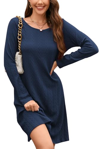 STYLEWORD Strickkleid Damen Kleid Langarm Herbstkleid Pulloverkleid Elegant Herbst Winterkleid Tunika Umstandskleid(Marine,M)