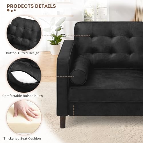 Image of 84 inch Suede Leather 3 Seater Sofa with Two Bolster Pillows, Tufted Sofa with Wooden Legs, Mordern Couch for Living Room, Office, Apartment, Black