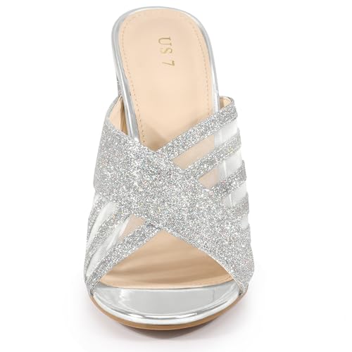 Allegra K Women's Glitter Mesh Slip on Chunky Heel Slide Sandals2
