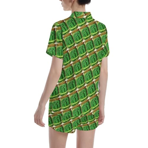 Image of Funny Pajamas for Women Set Print Satin Loungewear Pjs Short Sleeve Button Down Top and Shorts Sets Sleepwear XS-3XL