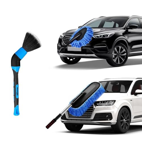 AMERTEER 3 Pack Car Duster Kit Extendable Long Handle Microfiber Car Duster- Detailing Brush Set With Dust Brush & Scratch Free Dash Duster & Soft Car Interior Brush For Vehicles And Home Cleaning