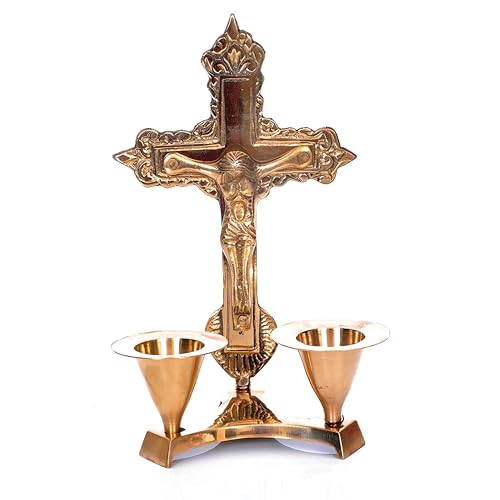 Hashcart Cruz de crucifixo de latão com suporte de vela (15 cm) estátua e estatueta de Jesus Cristo