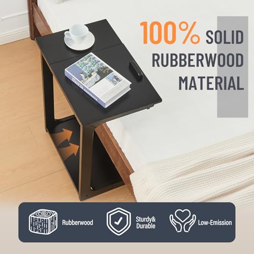 Image of Uniclinens C Shaped End Table for Couch, Rolling Side Table with Wheels Adjustable, Solid Wood TV Sofa Arm Eating Tray Table for Multi-Purpose, Small Coffee Table Living Room Bedroom, Black