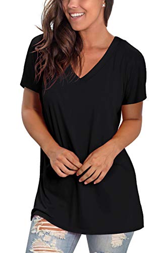T Shirts For Women Summer Deep V Neck Tshirts Cute Solid Color Short Sleeve Tunic Black L #TOP2