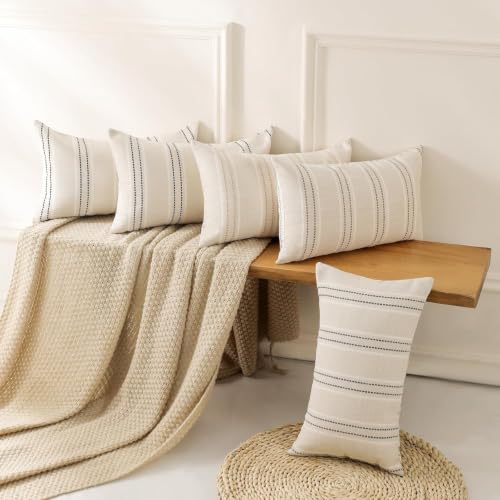 Image of Hckot Stripe Throw Pillow Covers 12x24 Lumbar Khaki Farmhouse Pillow Covers | Modern Decorative Pillows Textured Linen Cushion Covers for Sofa Couch Bed Living Room Decor