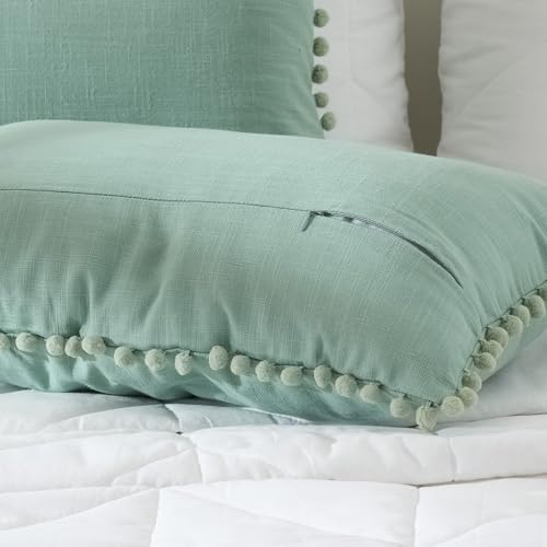Image of 100% Cotton Pom Pom Cushion Without Filler, Elegant & Modern Cushion Cover for Living Room, Rectangle, 12 inchx20 inch, uni slub, Set of 5 - Celadon Green
