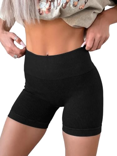 KINLONSAIR Women's High Waist Yoga Workout Impact Shorts Ribbed Seamless Workout Athletic Legging Shorts