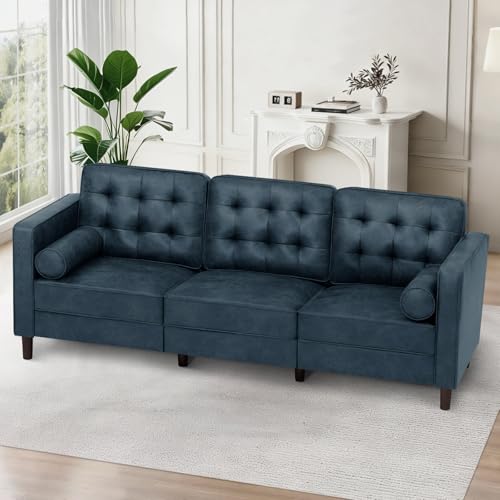 Image of 84 inch Suede Leather Sofa with 2 Soft Pillows, Blue | Tufted Modern Sofa with Sturdy Wooden Legs, 3 Seats Couch for Living Room, Office, Bedroom