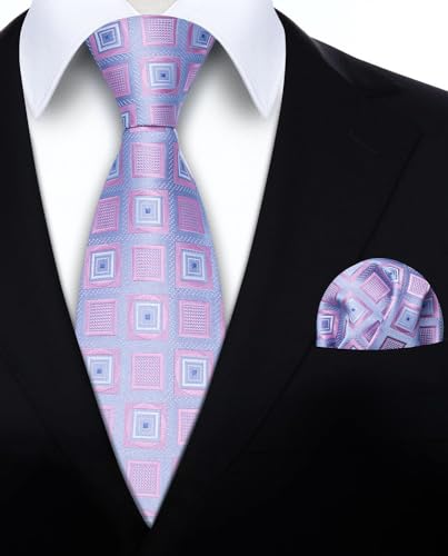 Image of HISDERN Ties for Men Formal Business Plaid Checked Mens Ties and Pocket Square Set Classic Wedding Necktie Handkerchief