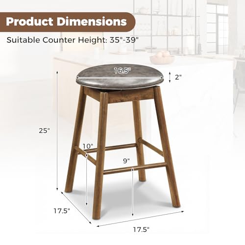 Juego de 2 butacos giratorios de madera COSTWAY, sillas altas de cuero sintético gris y natural con estructura de madera de caucho, reposapiés, sin respaldo, para isla de cocina miniatura 3