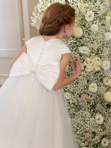 MCieloLuna Cap Sleeve Flower Girl Dress Satin Tulle First Communion Dresses for Girls Satin Party Ball Gown with Bow4