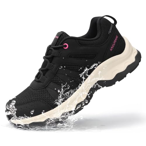 ANJOUFEMME Women's Waterproof Hiking Shoes Non Slip Sneakers Lightweight Tennis Shoes for Work Walking Running Trekking Trail Shoes DSX03W-FN-US-BLACK-9