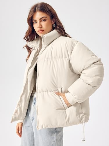 CIDER Women’s Quilted Puffer Jacket Cropped Long Sleeve Stand Collar Zip Up Trendy Winter Oversized Coat3