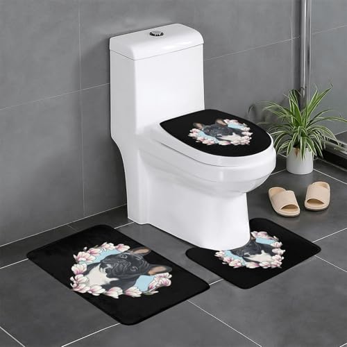花 犬柄 フレンチブルドッグ トイレマット 3点セット フタカバー 浴室足ふきマット 吸水 速乾 滑り止め 抗菌 防臭 洗える ふわふわ おしゃれ プレゼント 40x60cm