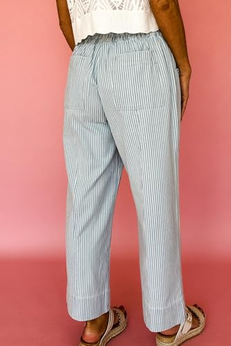 SELINK Casual Stripe Pants for Women Elastic Waist Drawstring Loose Straight Wide Leg Daily Trousers with Pockets2