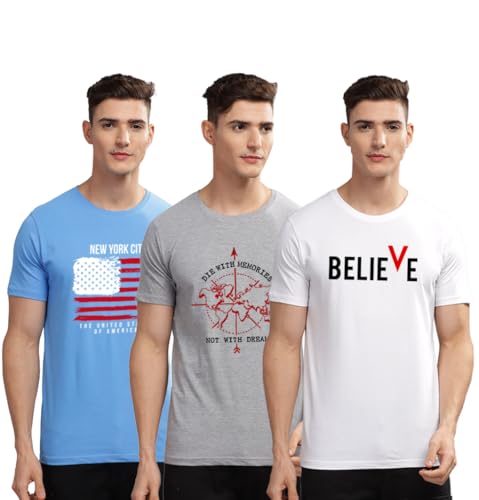 Image of ADRO 100% Cotton Lycra Tshirts for Men Combo Pack of 3 | Regular Fit | Printed T Shirt | Round Neck Half Sleeve| Mens Tshirts