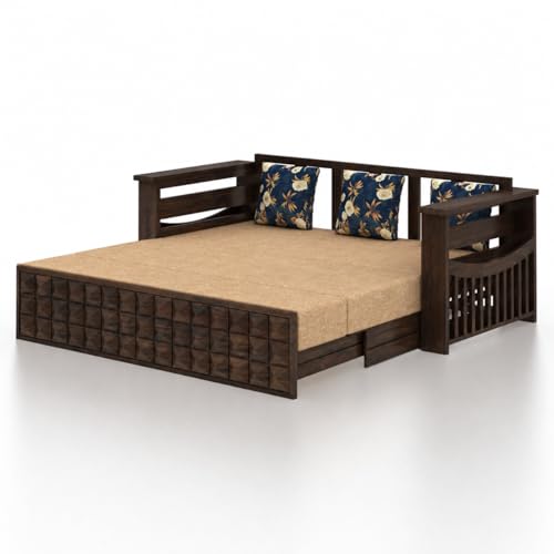 Image of Ganpati Arts Solid Sheesham Wood 3 Seater Diamond Sofa Cum Bed with Side Pocket for Living Room Bedroom Wooden Bedroom Furniture for Home 1 Year Warranty (Walnut Finish)
