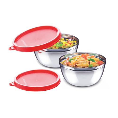 Image of Signoraware Stainless Steel Mixing Bowl Set| Dishwasher Safe| Compact Size| Odor-Free| Great for Serving Dishes| Ideal for Office & School use| Great for Gifting (500ml x 2| Set of 2| Red)